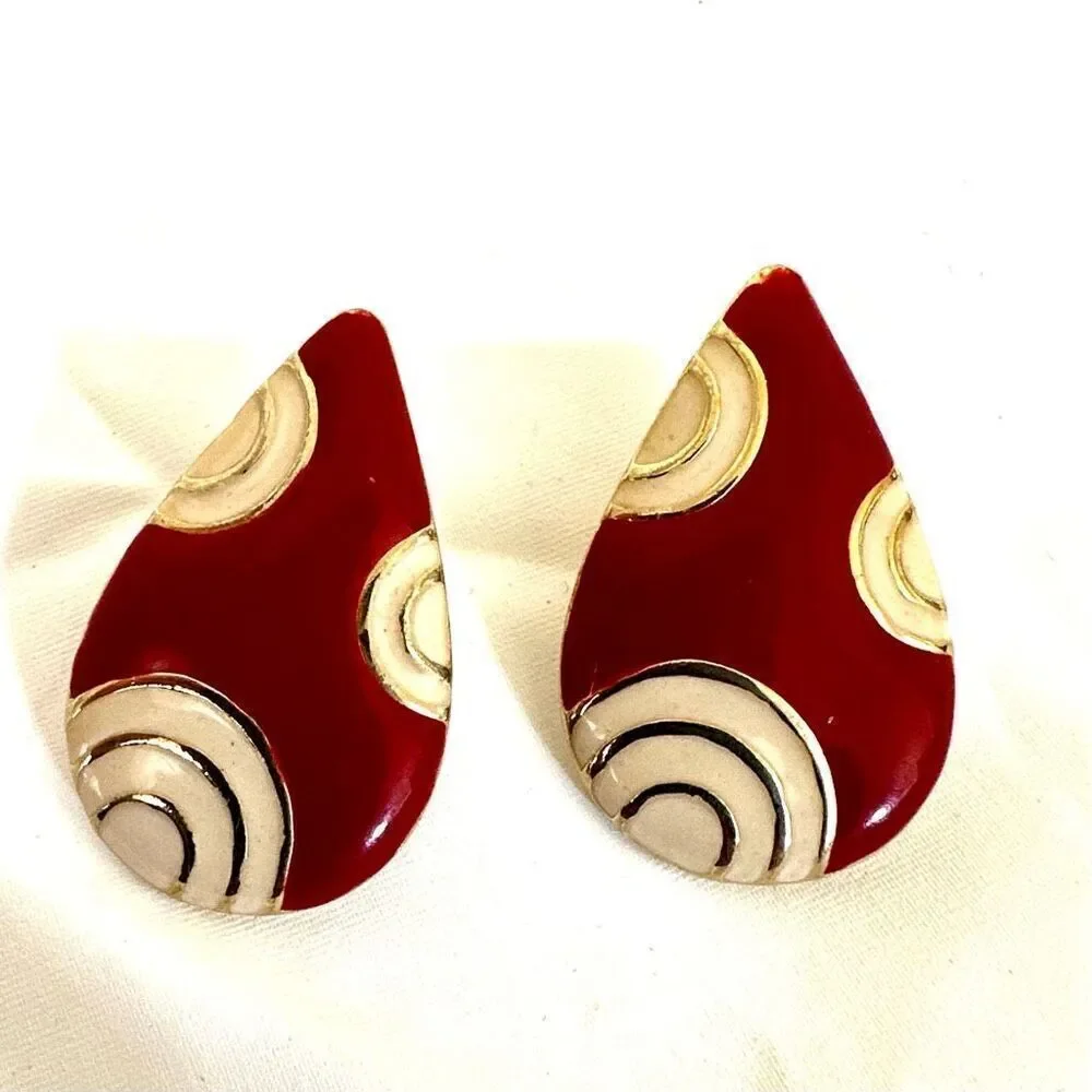 Red cream and gold tone teardrop post earrings